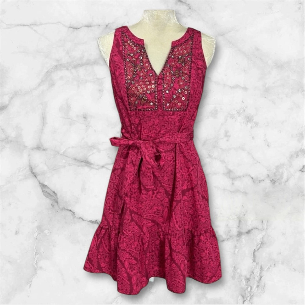 White House Black Market hot Pink V-Neck Mini Sundress sequin embellishments XS